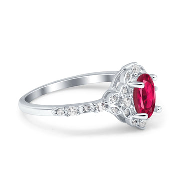 Oval Engagement Ring Accent Vintage Simulated Ruby CZ 925 Sterling Silver